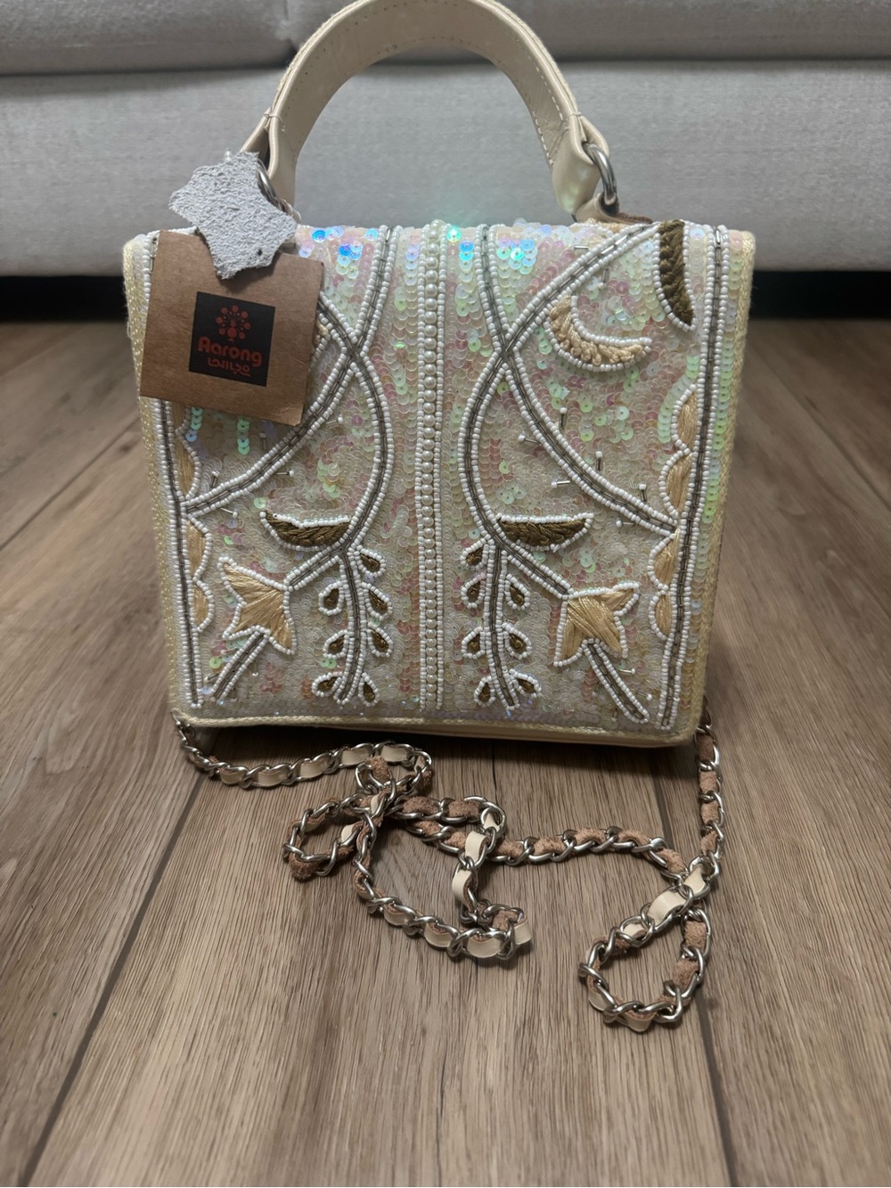 Mini Embroidered Top-Handle Bag in Cream